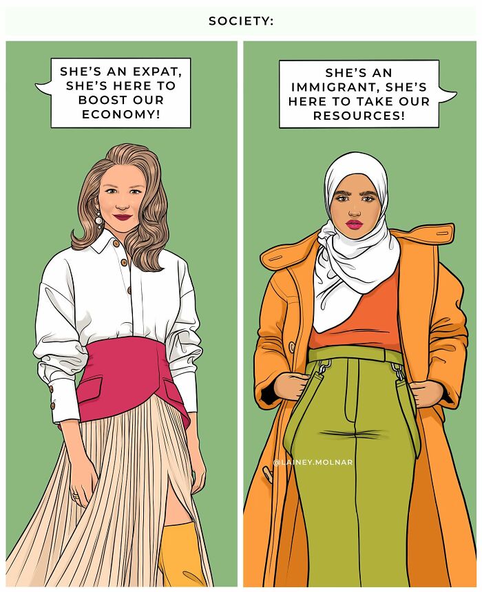 Two women depicted in a comic exploring gender expectations with contrasting societal labels about motherhood.