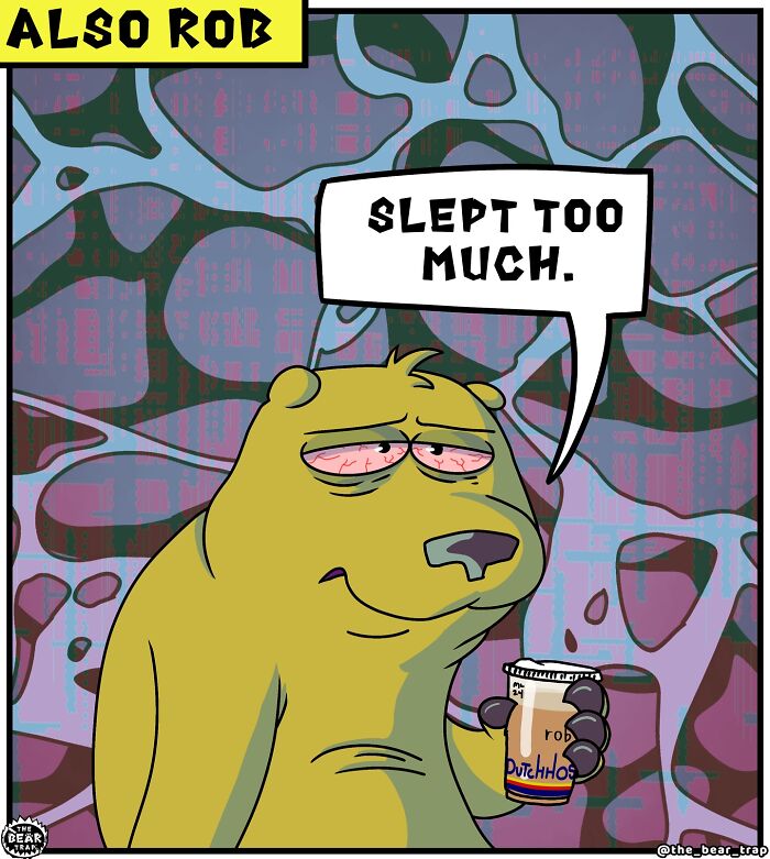 Tired bear holding coffee, featured in hilarious animal comics tackling real-life struggles with humor and relatable situations.
