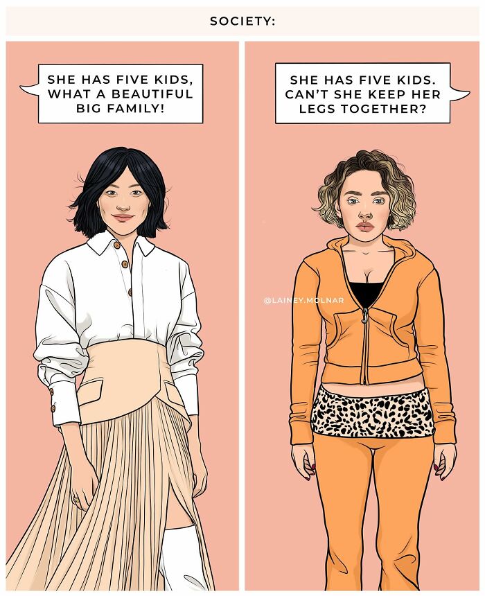 Two women depicted in a comic exploring gender expectations with contrasting societal labels about motherhood.