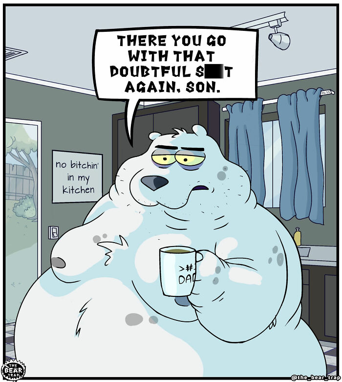 Anthropomorphic animal comic character humorously discusses social anxiety in a kitchen setting in a hilarious animal comics style.