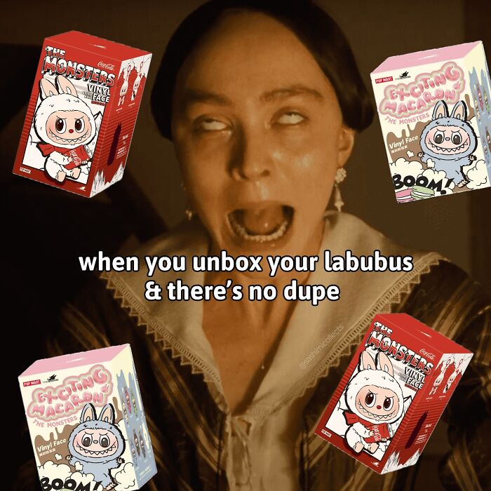 A woman making a dramatic face surrounded by Labubu doll boxes with humorous text about unboxing Labubu dolls.