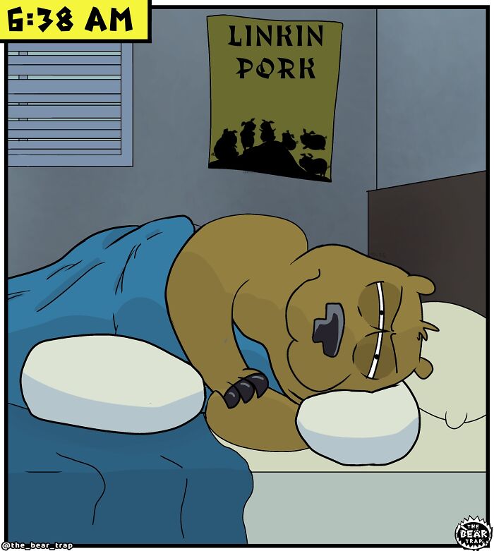 Sleeping cartoon bear in a cozy bed with animal comics poster on the wall illustrating hilarious animal comics.