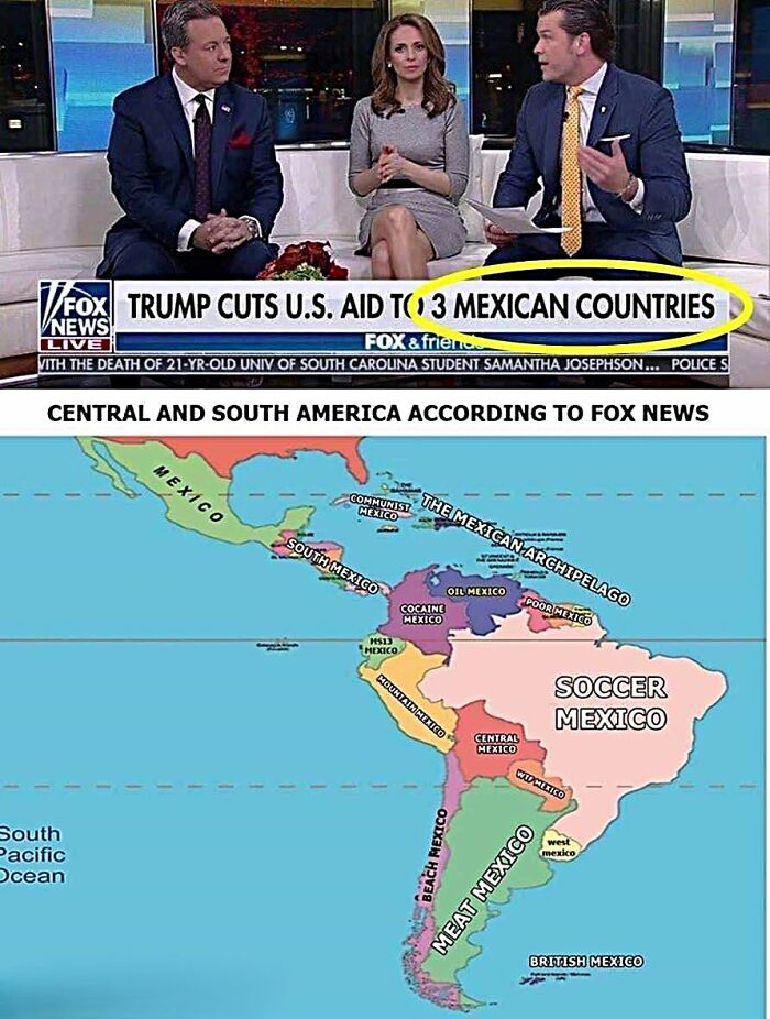 Fox News segment mistakenly labeling multiple countries as Mexican in a funny and horrible map of Central and South America.
