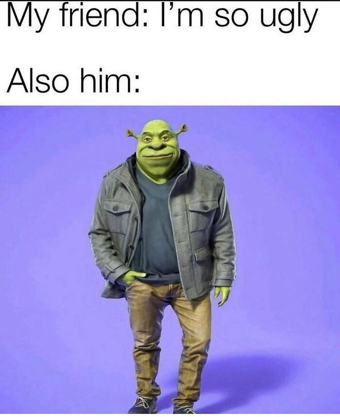 Meme featuring a character with a Shrek head on a human body, showcasing weird and unhinged humor style.
