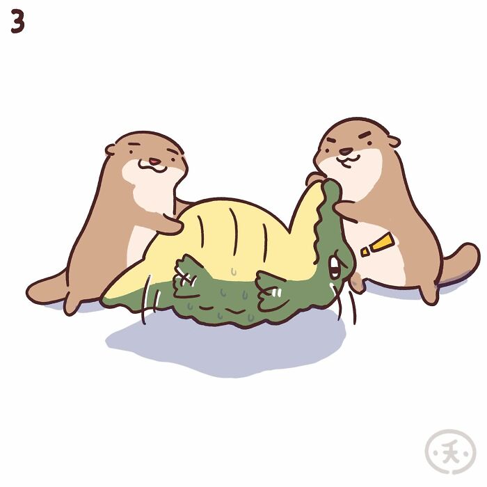 Two cute otters talking beside a resting crocodile in a hilariously relatable comic featuring cute animals.