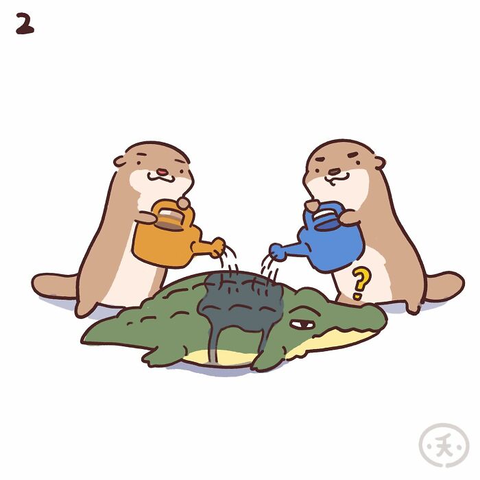 Two cute otters talking beside a resting crocodile in a hilariously relatable comic featuring cute animals.