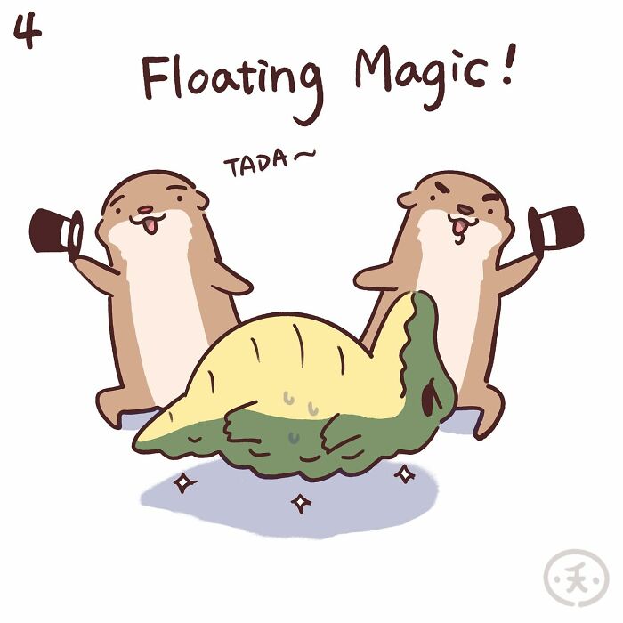 Two cute otters talking beside a resting crocodile in a hilariously relatable comic featuring cute animals.