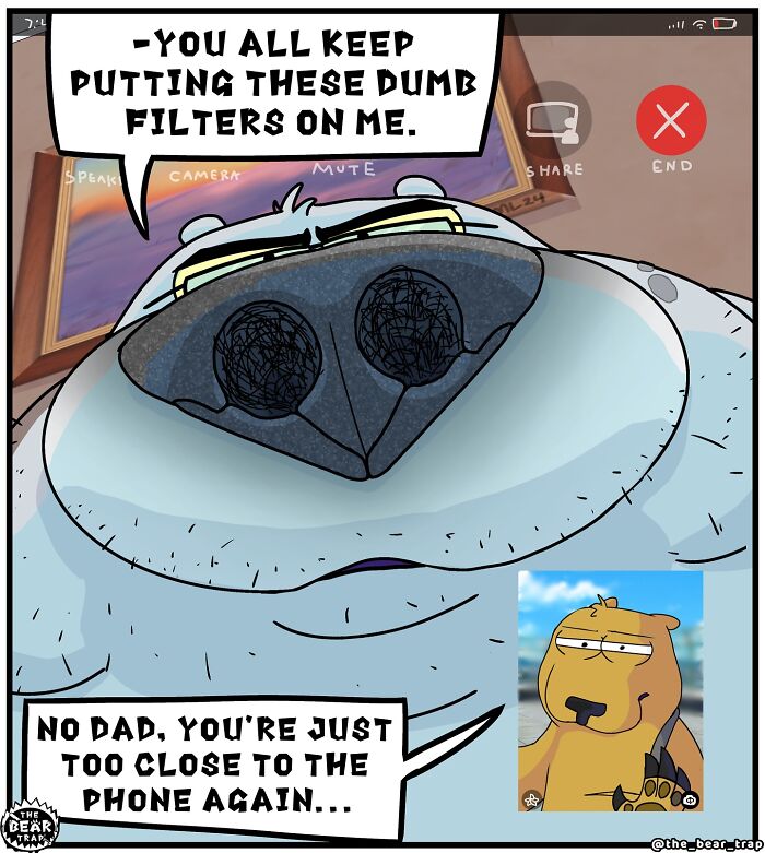 Cartoon polar bear wearing glasses, lounging on a couch, holding phone, expressing dislike for face chat in animal comics.