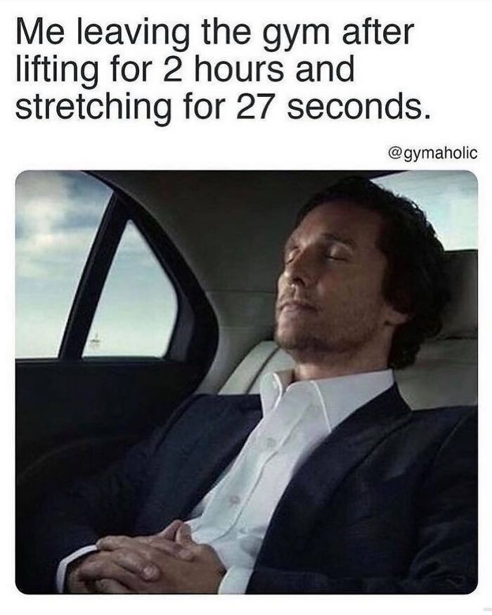 Man in suit resting peacefully in a car after spending hours lifting weights and stretching at the gym meme.