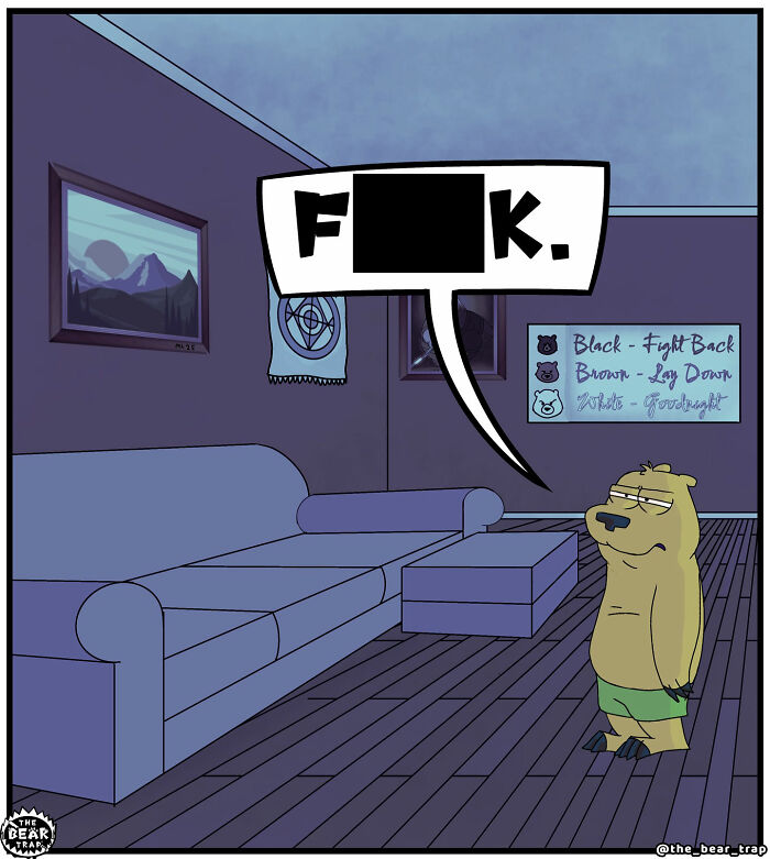 Cartoon of two bears in a living room, part of hilarious animal comics tackling real-life struggles with humor.