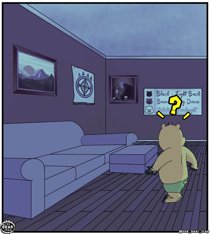Cartoon of two bears in a living room, part of hilarious animal comics tackling real-life struggles with humor.