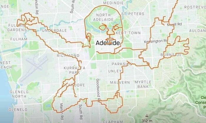 Map of Adelaide with running route outlining a 90s cartoon character, capturing nostalgic posts about growing up in the ’90s.