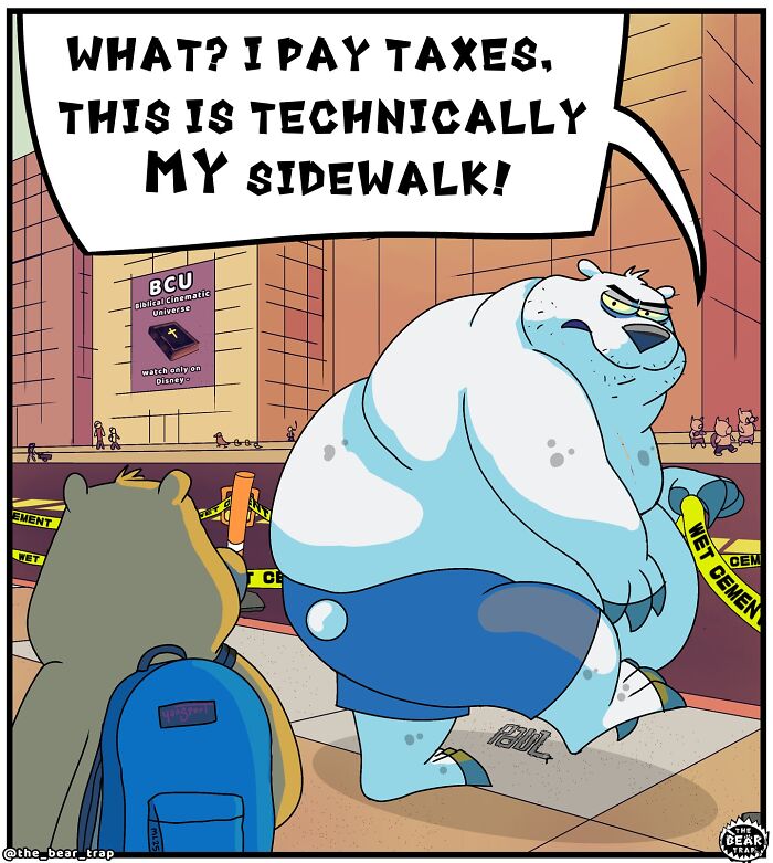 Hilarious animal comics showing a bear in shorts tangled in caution tape with a dog watching, tackling real-life struggles.