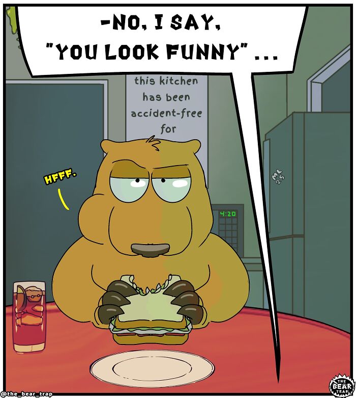 Cartoon bears having sandwiches in a kitchen, featuring hilarious animal comics about real-life struggles.