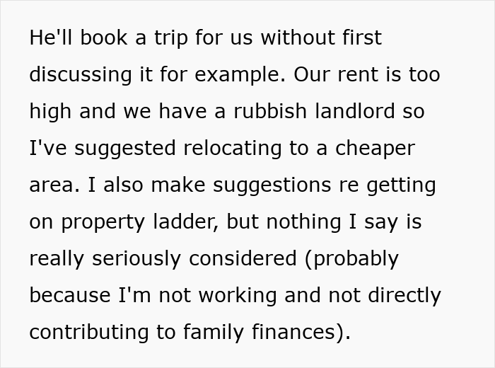 Text excerpt showing a mom facing money issues as husband tells to budget, discussing rent, relocation, and finances. Text excerpt showing a mom facing money issues as husband tells to budget, discussing rent, relocation, and finances.