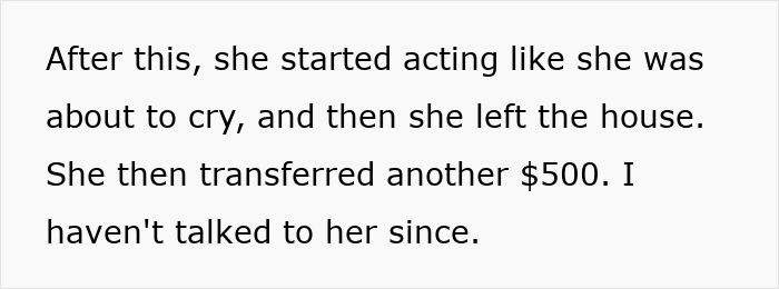 Text excerpt describing a mother transferring money and gaslighting her daughter after embezzling inheritance funds.