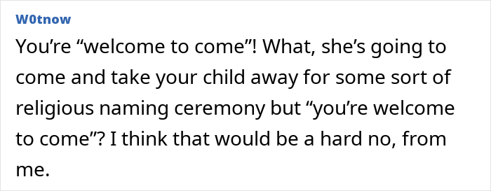 Text post from user W0tnow debating a mother&rsquo;s discomfort over MIL demanding a more Christian name for the baby.