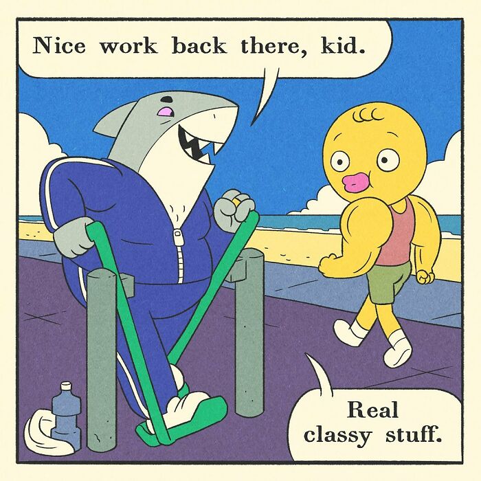Comic panel showing a bodybuilding duck encouraging friends at the gym with a friendly and soft-hearted expression.