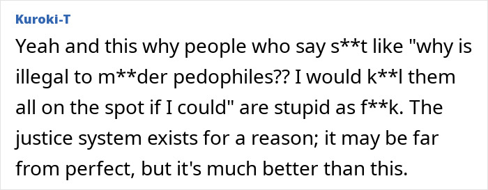 User comment about justice system flaws discussing vigilante actions and wrongful punishment in assault cases. - 12