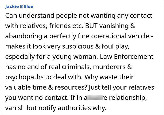 Comment about suspicious vanishing of woman in Death Valley, questioning motives and urging notifying authorities. - 14