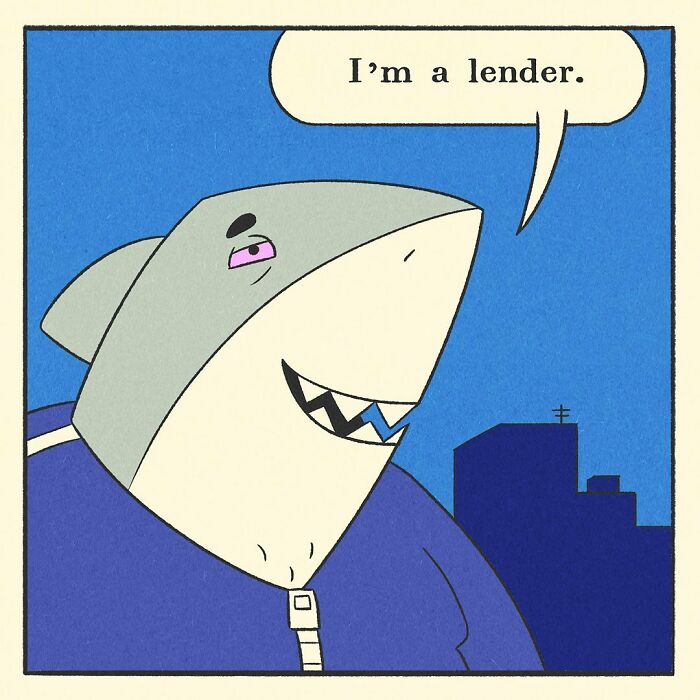 Muscular shark character in a blue tracksuit pointing, with speech bubble in a comic about a bodybuilding duck’s soft heart.