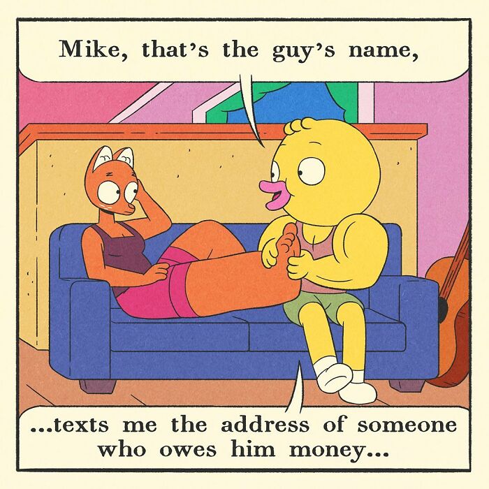 Comic panel showing a colorful balcony with a speech bubble about being offered a job, part of a bodybuilding duck story.