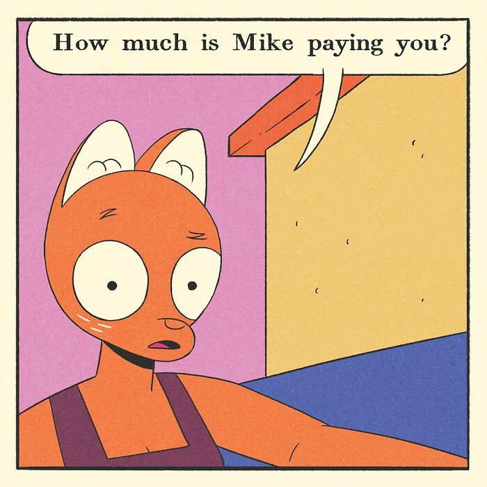 Bodybuilding duck with a soft heart gently holding a cat character’s foot on a blue couch in a colorful comic scene.