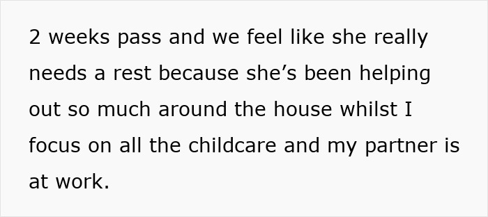 Text excerpt discussing a woman needing rest after helping with childcare while her partner is at work. - 12