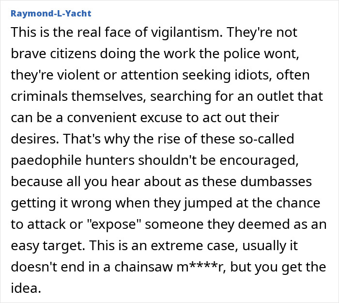Comment criticizing vigilante actions and highlighting wrongful punishment of an innocent dad wrongly accused of assault. - 13