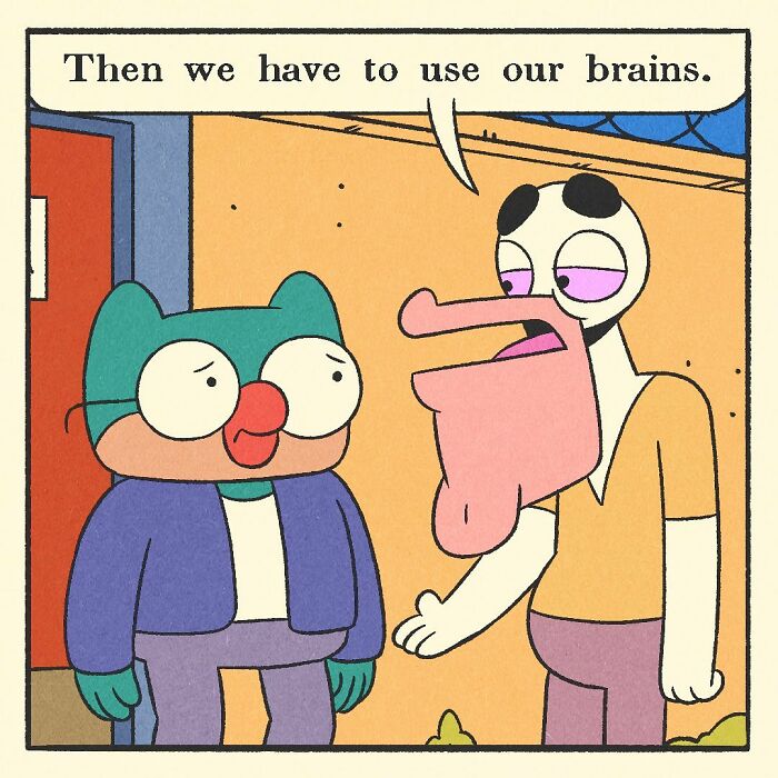 Cartoon comic featuring a bodybuilding duck character with a soft heart standing by a door with no entry sign.