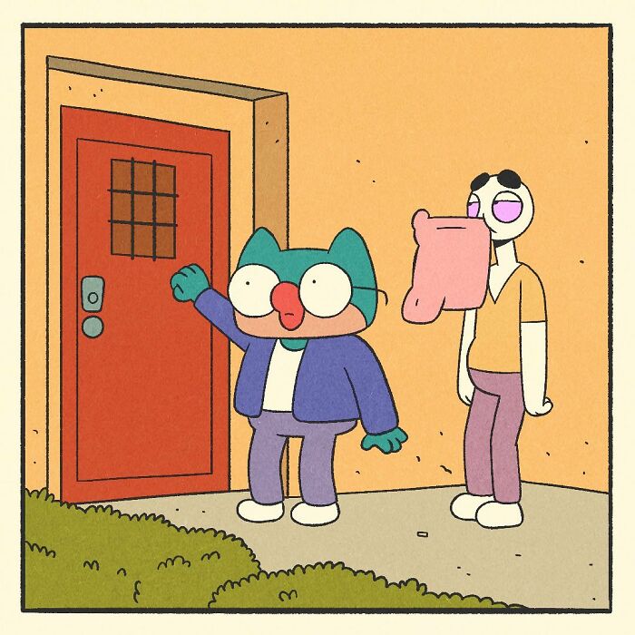 Bodybuilding duck with a soft heart and a worried cat character sitting in a car, expressing they make a bad team.