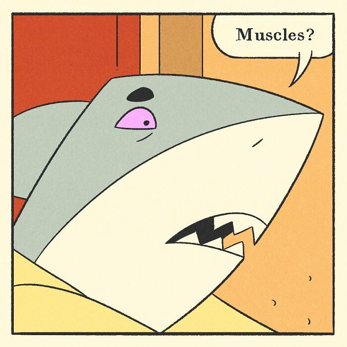 Comic panel showing an angry anthropomorphic shark confronting other characters in a colorful cartoon style.
