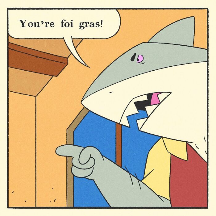 Comic illustration of a bodybuilding shark holding two cartoon characters, featuring a bodybuilding duck theme with a soft heart concept.