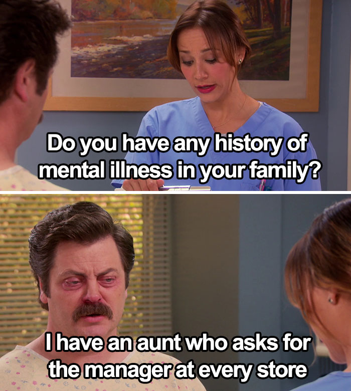 Meme about entitled parents featuring a man with red eyes discussing family mental illness history in a clinic setting.