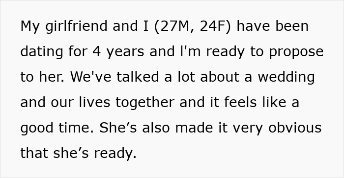 Couple discussing proposal plans after four years of dating, with sisters encouraging a small ring for the girlfriend. Couple discussing proposal plans after four years of dating, with sisters encouraging a small ring for the girlfriend.