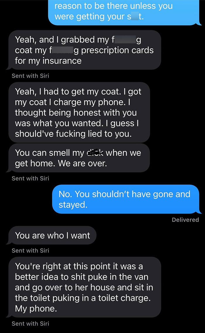 Text message exchange about boyfriend going to ex-girlfriend&rsquo;s house bathroom to charge phone during a breakup argument.