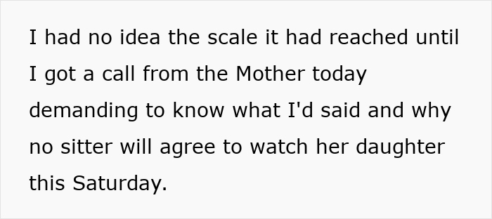 Text excerpt about family blacklisted local babysitters discussing issues with finding a sitter for a child on short notice.