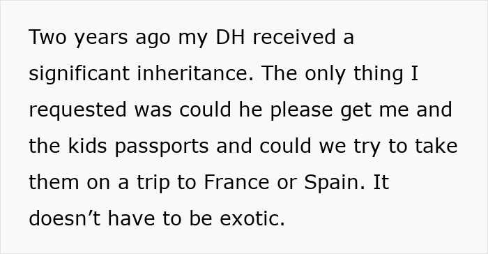 Text about husband saying wife and kids aren't allowed passports due to affordability despite inheritance request. - 7
