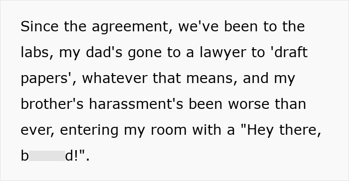 Text excerpt about dad going to a lawyer after DNA results, highlighting harassment and family conflict over illegitimate son. Text excerpt about dad going to a lawyer after DNA results, highlighting harassment and family conflict over illegitimate son.