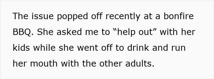 Text excerpt explaining a conflict emerging at a bonfire BBQ after a pregnant woman refuses to babysit niblings.