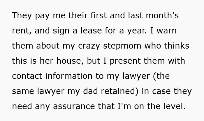 Text snippet about stepson warning tenants about gold digger stepmom and providing lawyer contact for assurance. - 48