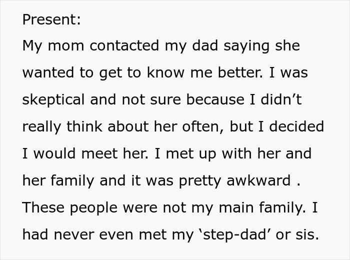 Text post describing an estranged mom reaching out to son after 14 years, leading to awkward family meeting. - 5