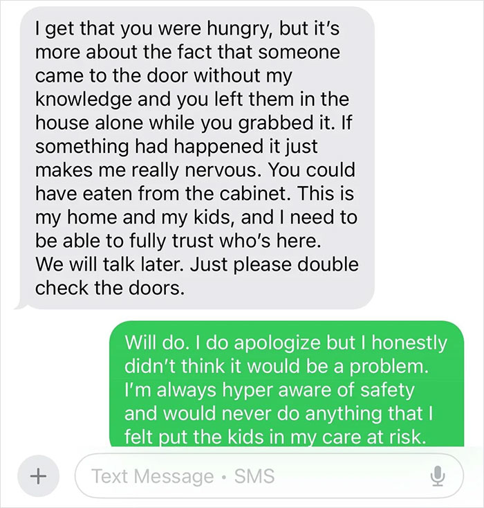 Text message exchange discussing safety concerns after ordering DoorDash while babysitting, highlighting an overreaction about trust and delivery. Text message exchange discussing safety concerns after ordering DoorDash while babysitting, highlighting an overreaction about trust and delivery.