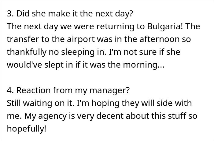 Text excerpt discussing a tourist who oversleeps multiple days and blames the guide for not waking her. - 44