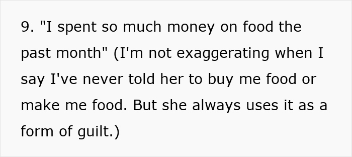 Alt text: Excerpt showing a quote about spending money and using guilt as a form of gaslighting in a family dispute.