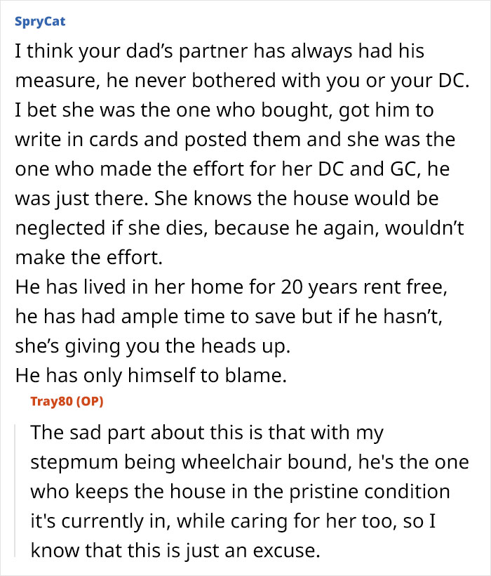 Text excerpt discussing a woman deciding to leave her partner homeless if she dies, highlighting neglect and responsibility.