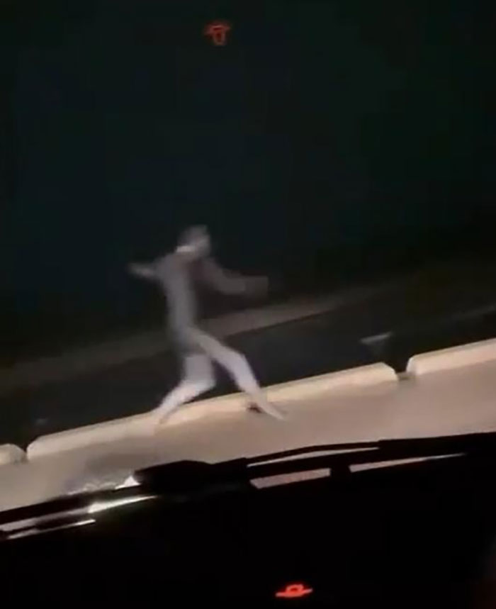 Mysterious figure in full-body cat suit crawling and walking along a dark road at night, terrorizing neighborhood residents.