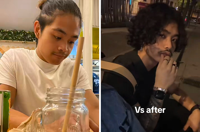 Side-by-side before and after photos of a man showing transformation after marrying a Black woman.