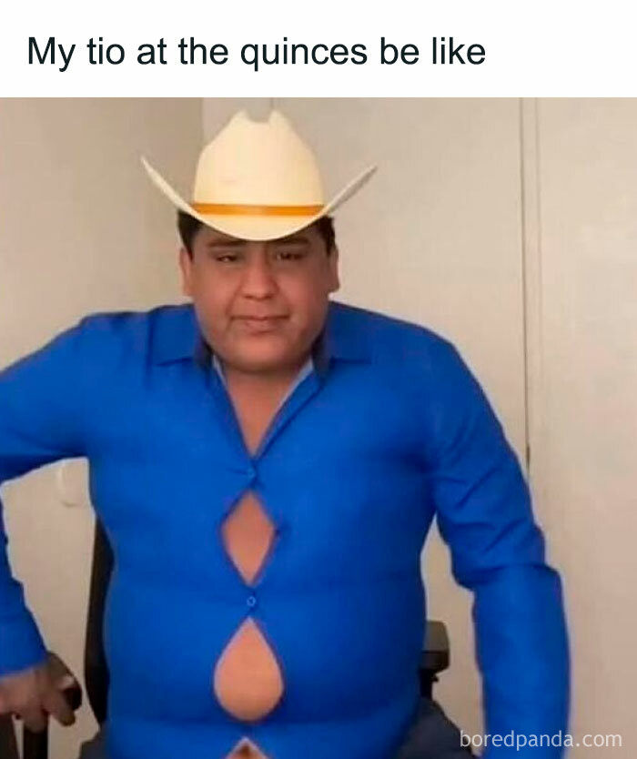 Hispanic man in a cowboy hat wearing a tight blue shirt with buttons undone, humorously illustrating Hispanic memes.