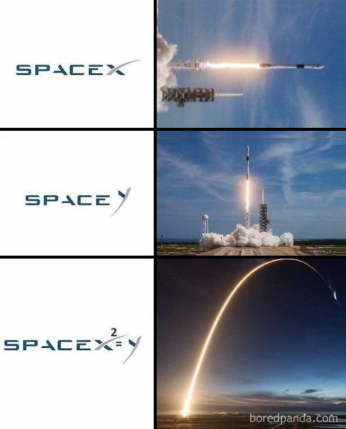 SpaceX rocket launches showing flight paths, illustrating science concepts with funny memes and visual explanations.
